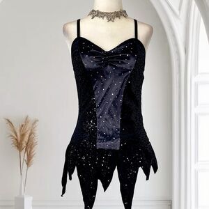 Witchy Vampy Y2K Asymmetric Raw Split Hem Black Silver Sequin Glitter Cami Top M